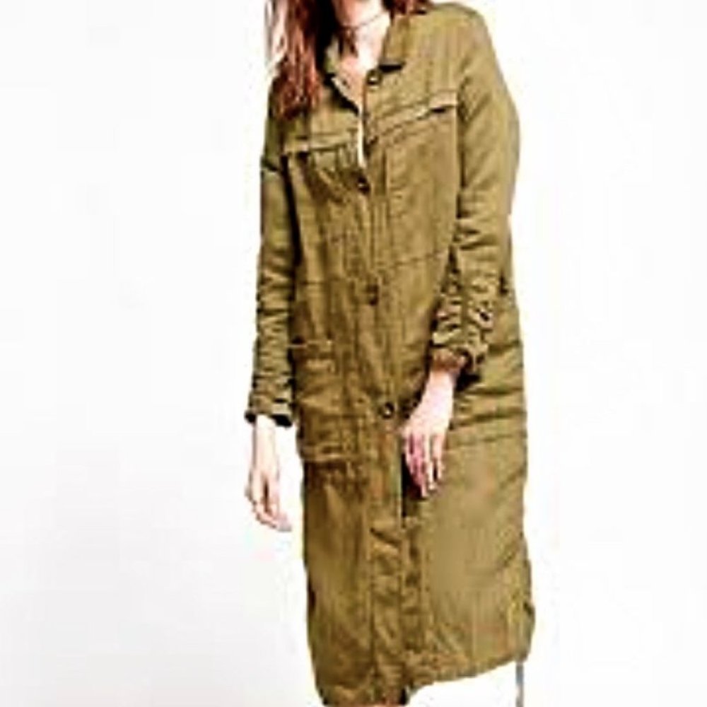 Free People Duster Linen Herringbone Textured Retro Coat Utility Coat Shirtdress